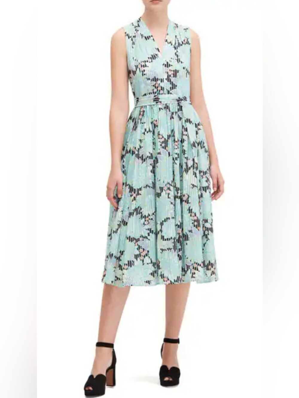 kate spade Mint and Black Floral Pleated Midi Dress